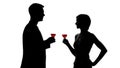 Male and female silhouettes holding wine glasses, lovers celebrating anniversary