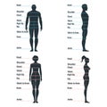 Male and female size chart anatomy human character, people dummy front and view side body silhouette, isolated on white, flat Royalty Free Stock Photo