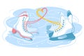 Male and female skates together, couple on the ice rink. Two different ice skate boots with love heart sign made of shoelaces.