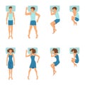 Male and female in sleeping poses. Top view illustrations of relaxing positions