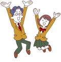 Male and female students jumping happily