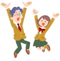 Male and female students jumping happily