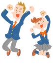 Male and female students jumping happily