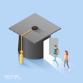 Male and female students walk to the door of the Square academic cap. Vector isometric illustration
