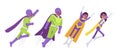Male and female super hero in bright costume, flying poses Royalty Free Stock Photo