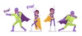 Male, female super hero in bright costume posing to attack Royalty Free Stock Photo