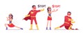 Male, female super hero wearing costume, fight and stop pose
