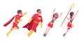 Male, female super hero wearing costume, flying up to attack Royalty Free Stock Photo