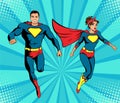 Male and female superherose. Strong businessman and businesswoman. Success illustration in pop art retro comic style.