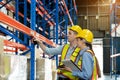 Male and Female Supervisors Hold document is checking the number of items in the warehouse that he is responsible for. checking