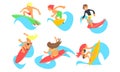 Male and Female Surfers Characters Riding Waves Set, Young People with Surfboards, Summer Extreme Water Sport Vector Royalty Free Stock Photo