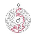 Male Female symbol and Circle Labyrinth maze. Find the way in the heart. Find your love. Happy Valentine\'s day card. Vector