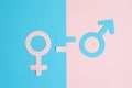 Male and female symbols cut out of paper and an equal sign on a pink and blue paper background. the concept of gender equality Royalty Free Stock Photo