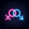 Male and female symbols, neon design, vector illustration Royalty Free Stock Photo