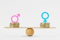 Male and female symbols on piles of coins on balance scale - Gender pay equality concept Royalty Free Stock Photo