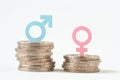 Male and female symbols on piles of coins - Gender pay equality