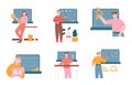 Male and female teachers stay next to blackboard in school. Vector illustration set of teachers, man and woman