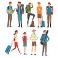 Male and Female Tourists Travelling Set, People Having Summer Travel, Backpacking Trip or Expedition Vector Illustration