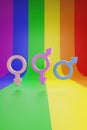 Male, female and transgender symbols on rainbow background. 3d illustration