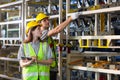 Male and female using tablet and use bar code reader while scanning checking inspect goods auto parts on shelves in warehouse.