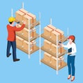 Male and Female warehouse worker using bar code scanner to analyze newly arrived goods. Vector illustration eps10 Royalty Free Stock Photo