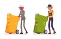 Male and female waste collectors in uniform pushing trash bins