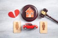 Male and female wooden symbols, gavel, house, car, broken heart and judge gavel