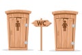 Male and female wooden toilet on a white.