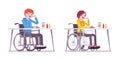 Male and female young wheelchair user eating at the table