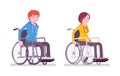 Male and female young wheelchair user moving manual chair