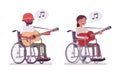 Male and female young wheelchair user playing guitar