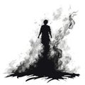 Male figure engulfed in magic flames and fire. Silhouette of a man with fiery and smoky aura isolated on a white