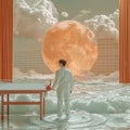 Male figure, table tennis athlete in white, standing in water, gazing at giant moon, surreal landscape. Sci-fi poster Royalty Free Stock Photo