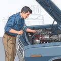 Male figure in a workshop setting, working on a car engine. He wears a blue shirt and Royalty Free Stock Photo