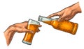 Male finger pouring beer from bottle into glass. The Creation of Adam Royalty Free Stock Photo