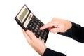 Male finger pushing the button on calculator Royalty Free Stock Photo