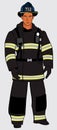 Male firefighter in dark uniform. Full-length figure