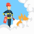 Male firefighter with extinguisher.