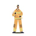 Male firefighter rescuer in uniform and helmet hold axe. Man fireman service in protective clothes Royalty Free Stock Photo
