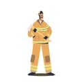 Male firefighter rescuer in uniform and helmet hold axe. Man fireman service in protective clothes