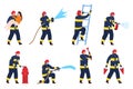 Male firefighters characters set vector flat illustration. Fireman emergency safety actions