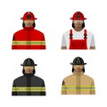 Male firefighters in uniform and helmet in different colors. Isolated color image