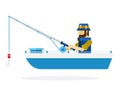 Fisherman in a panama hatches a fish with a fishing rod in a boat Fishing vector icon flat isolated.