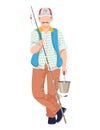 Male fishing hobby, character hold rod, man wear special fisherman costume cartoon vector illustration, isolated on Royalty Free Stock Photo