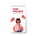 Male fists over scared terrified woman stop family violence aggression concept smartphone screen