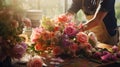 Male florist creating bouquet in flower shop, close up. Man is creating a bouquet