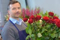 Male florist holding bouquet red roses Royalty Free Stock Photo