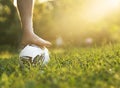 Male foot without shoes on a soccer ball on a grassy field with a sun glare and a copy space. Royalty Free Stock Photo