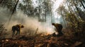 Forestry workers clearing brush after forest fire to prevent flames from coming back. Royalty Free Stock Photo