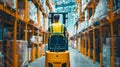 Male forklift operator lifting pallets in a large organized warehouse Royalty Free Stock Photo